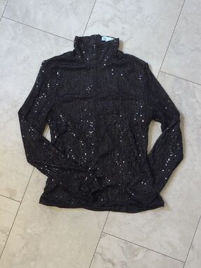 Black Sequin Long Sleeve Turtleneck Top